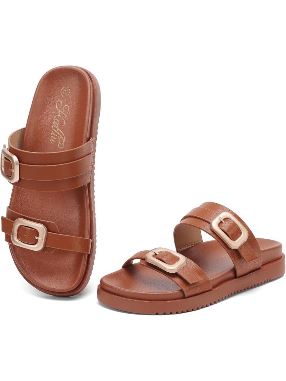 Stylish Women's Flat Sandals with Two Straps, Buckle Detail & Arch Support